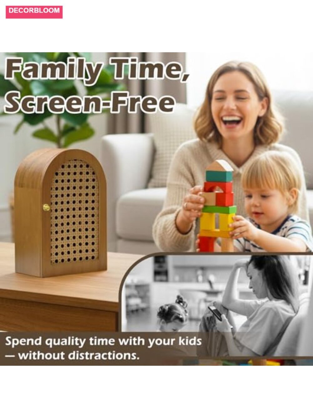Bamboo Phone Box with Charging Holes, 6-Compartment Cell Phone Jail - Picture 4 of 5